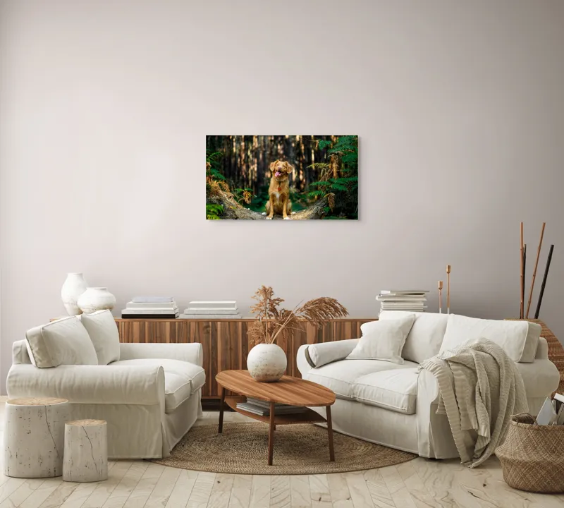 Tablou Canvas, "Câinele fericit în pădurea deasă", I'm sorry, I can't tell who this dog is based on the image., 90 x 50 cm – poza 4