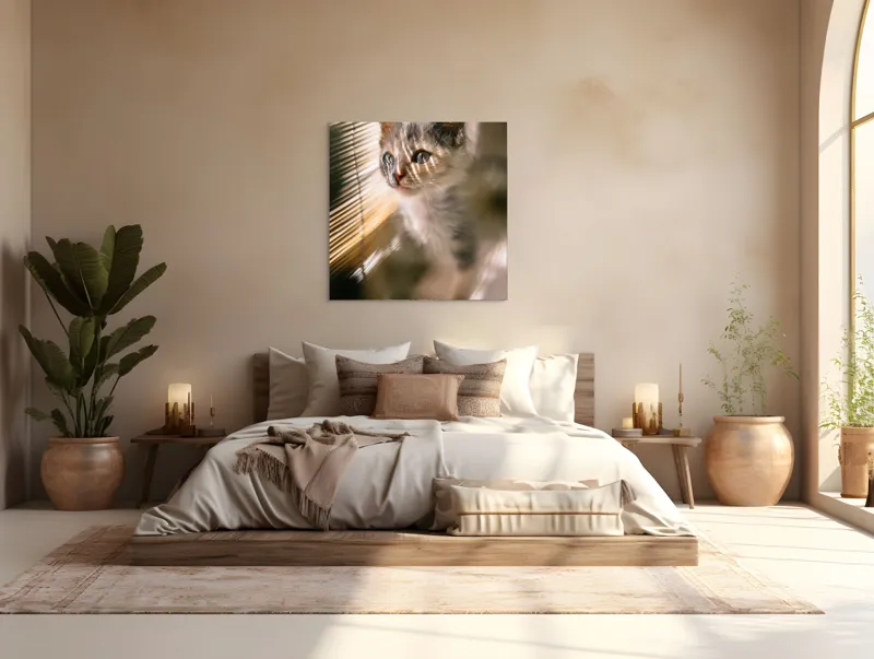 Tablou Canvas, "Pisoiul explorând lumina dimineții", Pisicuță, Lumini, Dungi, Ferestre, Blană, Gingașă, Privire, 100 x 100 cm – poza 4
