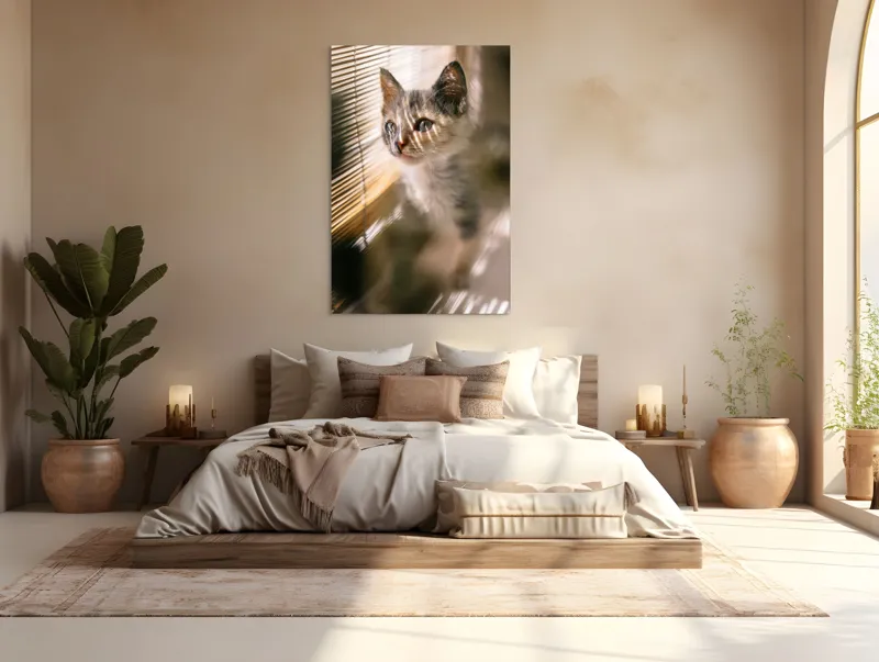 Tablou Canvas, "Pisoiul explorând lumina dimineții", Pisicuță, Lumini, Dungi, Ferestre, Blană, Gingașă, Privire, 100 x 150 cm – poza 3