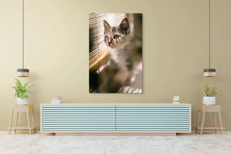 Tablou Canvas, "Pisoiul explorând lumina dimineții", Pisicuță, Lumini, Dungi, Ferestre, Blană, Gingașă, Privire, 100 x 150 cm – poza 4