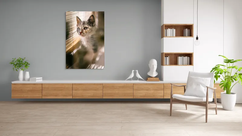 Tablou Canvas, "Pisoiul explorând lumina dimineții", Pisicuță, Lumini, Dungi, Ferestre, Blană, Gingașă, Privire, 100 x 150 cm – poza 8