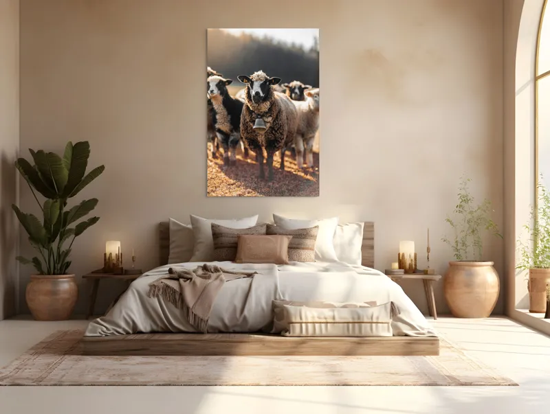 Tablou Canvas, "Oaia cu clopoțel în zori", Oi, Clopot, Lână, Peisaj, Apus, Turmă, Pășune, Natură, Lumină, Calm., 100 x 150 cm – poza 3