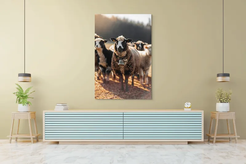 Tablou Canvas, "Oaia cu clopoțel în zori", Oi, Clopot, Lână, Peisaj, Apus, Turmă, Pășune, Natură, Lumină, Calm., 100 x 150 cm – poza 4