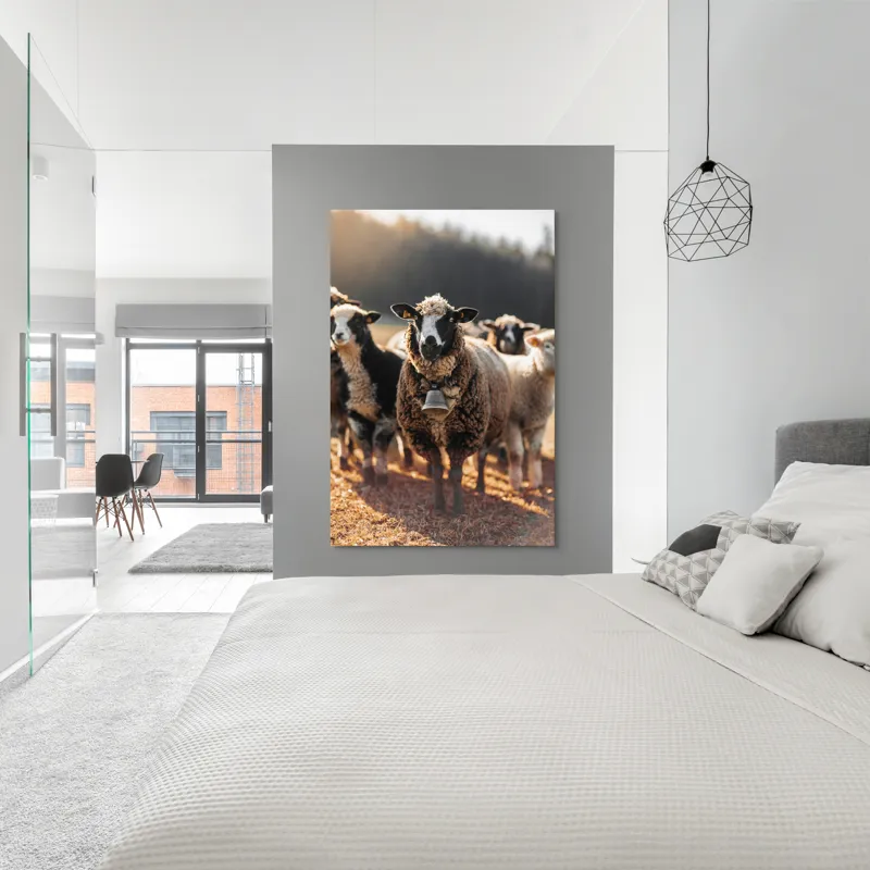 Tablou Canvas, "Oaia cu clopoțel în zori", Oi, Clopot, Lână, Peisaj, Apus, Turmă, Pășune, Natură, Lumină, Calm., 100 x 150 cm – poza 5
