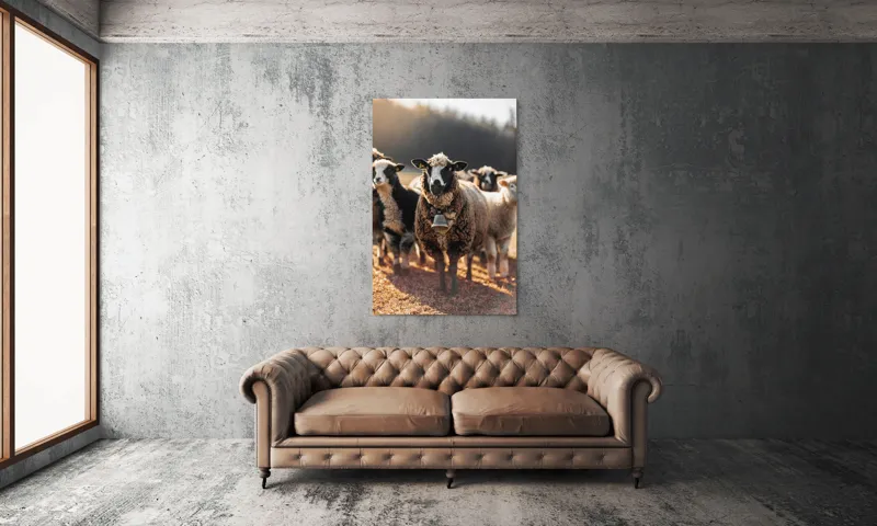 Tablou Canvas, "Oaia cu clopoțel în zori", Oi, Clopot, Lână, Peisaj, Apus, Turmă, Pășune, Natură, Lumină, Calm., 100 x 150 cm – poza 6