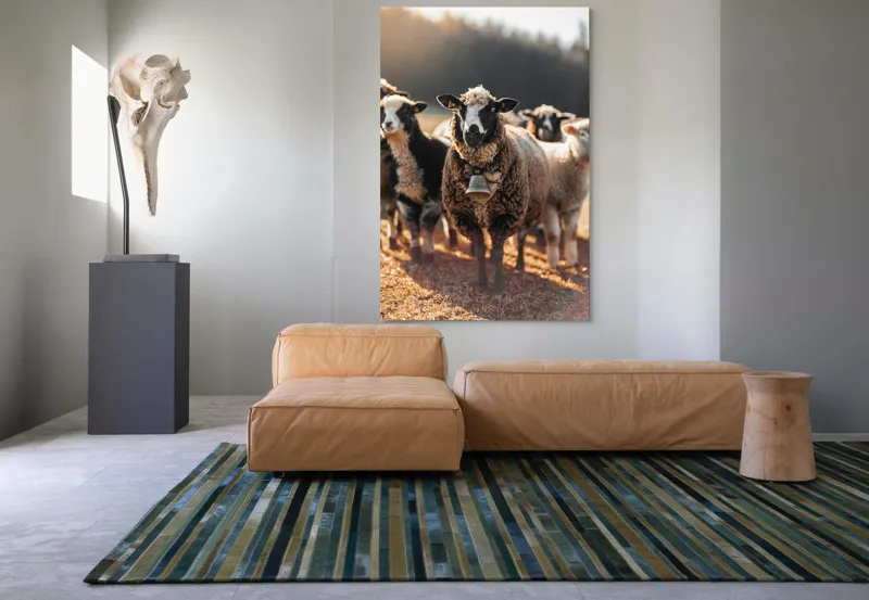 Tablou Canvas, "Oaia cu clopoțel în zori", Oi, Clopot, Lână, Peisaj, Apus, Turmă, Pășune, Natură, Lumină, Calm., 100 x 150 cm – poza 7