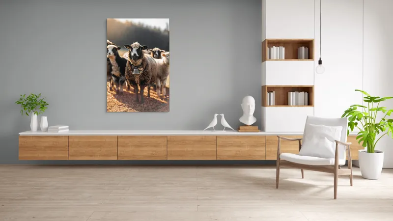 Tablou Canvas, "Oaia cu clopoțel în zori", Oi, Clopot, Lână, Peisaj, Apus, Turmă, Pășune, Natură, Lumină, Calm., 100 x 150 cm – poza 8