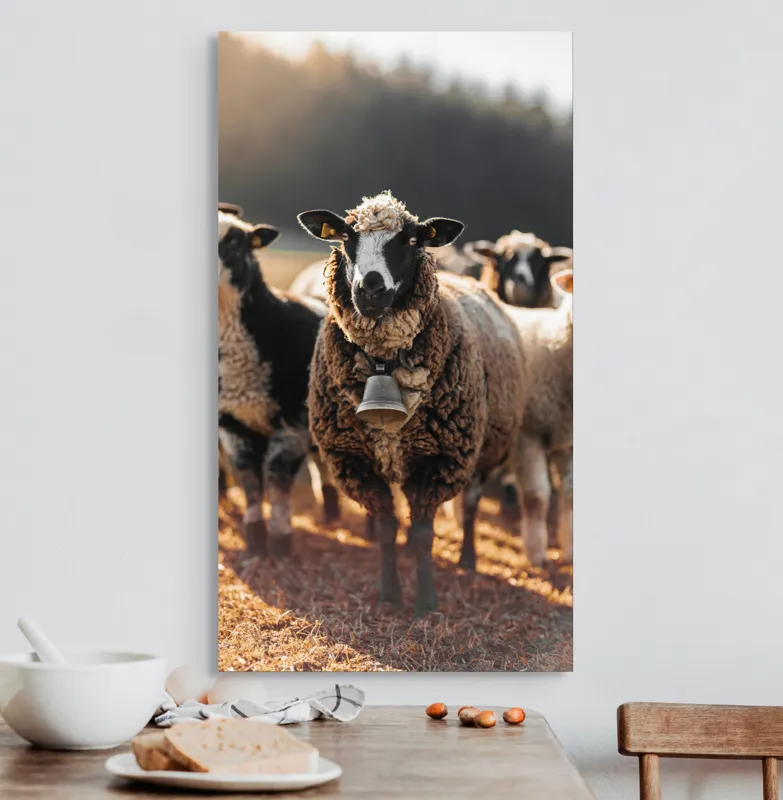 Tablou Canvas, "Oaia cu clopoțel în zori", Oi, Clopot, Lână, Peisaj, Apus, Turmă, Pășune, Natură, Lumină, Calm., 50 x 90 cm – poza 3