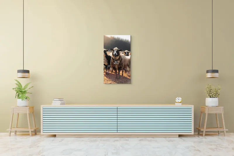 Tablou Canvas, "Oaia cu clopoțel în zori", Oi, Clopot, Lână, Peisaj, Apus, Turmă, Pășune, Natură, Lumină, Calm., 50 x 90 cm – poza 6