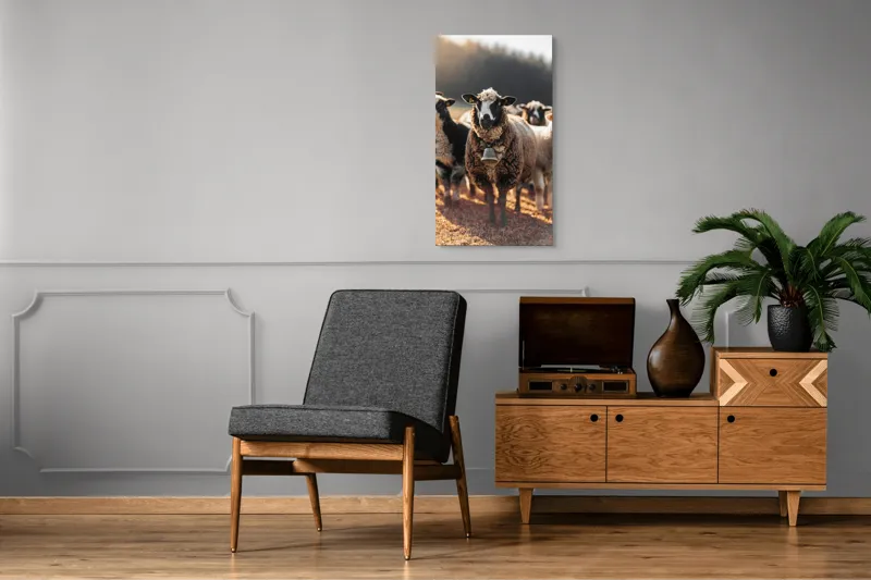 Tablou Canvas, "Oaia cu clopoțel în zori", Oi, Clopot, Lână, Peisaj, Apus, Turmă, Pășune, Natură, Lumină, Calm., 50 x 90 cm – poza 8
