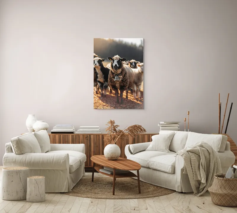 Tablou Canvas, "Oaia cu clopoțel în zori", Oi, Clopot, Lână, Peisaj, Apus, Turmă, Pășune, Natură, Lumină, Calm., 70 x 100 cm – poza 4