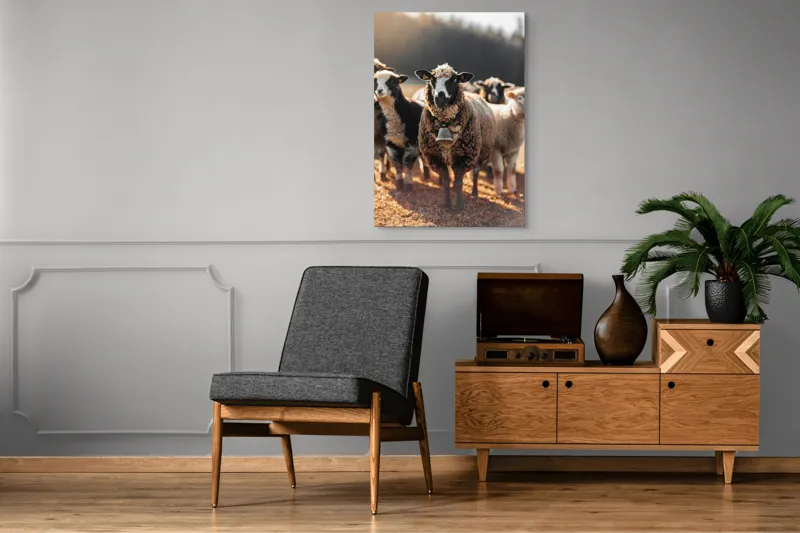 Tablou Canvas, "Oaia cu clopoțel în zori", Oi, Clopot, Lână, Peisaj, Apus, Turmă, Pășune, Natură, Lumină, Calm., 70 x 100 cm – poza 6