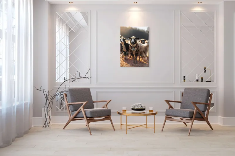 Tablou Canvas, "Oaia cu clopoțel în zori", Oi, Clopot, Lână, Peisaj, Apus, Turmă, Pășune, Natură, Lumină, Calm., 70 x 100 cm – poza 8