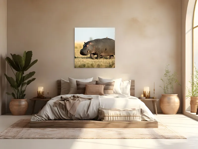 Tablou Canvas, "Hipopotam pe câmpie aurie africana", Hipopotam, Iarbă, Câmpie, Păsărică, Cer, Savană, Natură, Animale., 100 x 100 cm – poza 4
