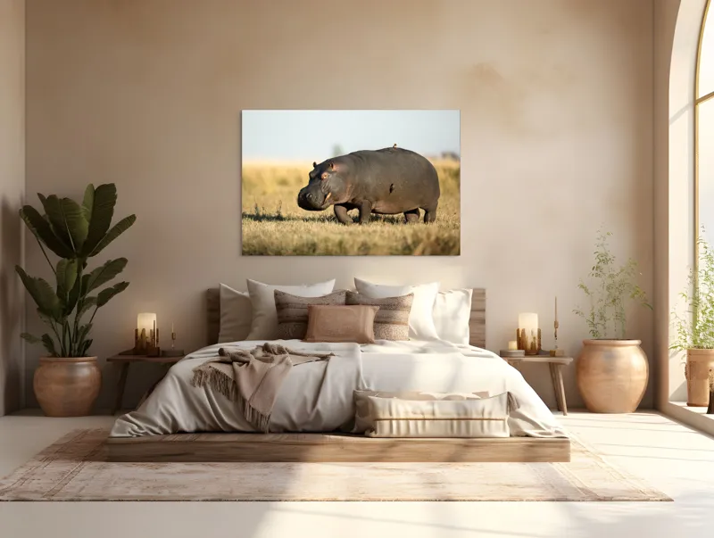 Tablou Canvas, "Hipopotam pe câmpie aurie africana", Hipopotam, Iarbă, Câmpie, Păsărică, Cer, Savană, Natură, Animale., 150 x 100 cm – poza 4