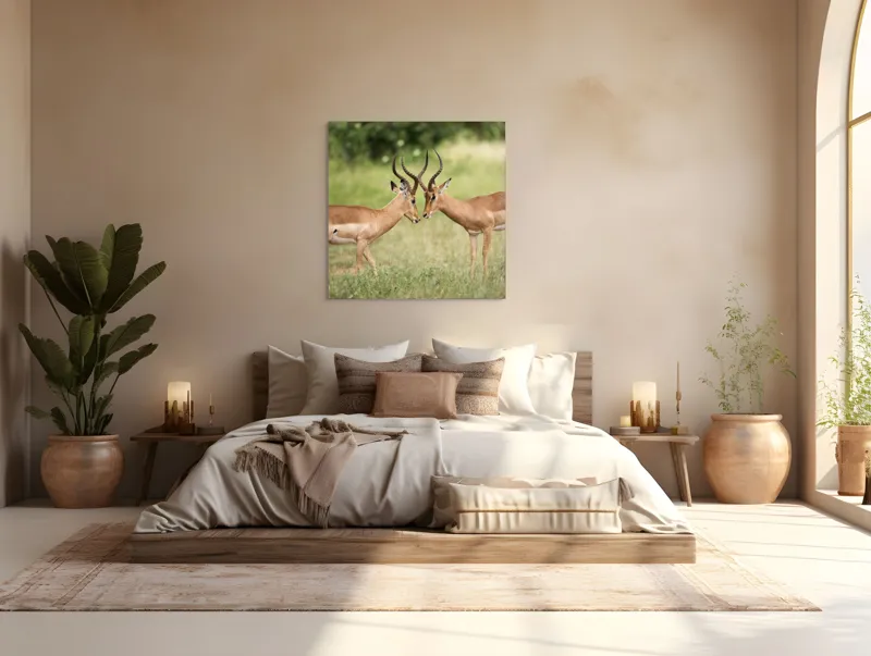Tablou Canvas, "Întâlnirea grațioasă a antilopelor în savană", Cele două antilope, Natură, Serengeti, Hornuri, Iarbă, Interacțiune, Simetrie, Sălbăticie, Vigilent., 100 x 100 cm – poza 4