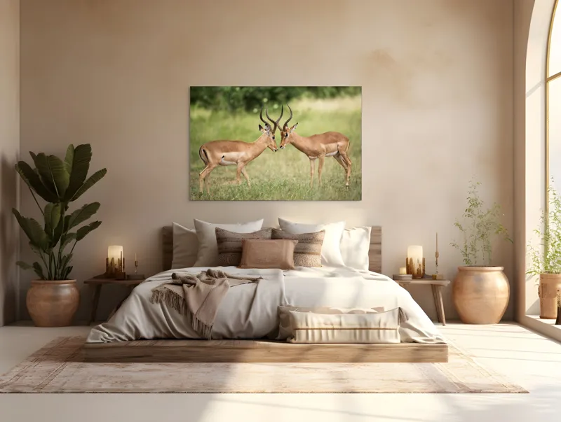 Tablou Canvas, "Întâlnirea grațioasă a antilopelor în savană", Cele două antilope, Natură, Serengeti, Hornuri, Iarbă, Interacțiune, Simetrie, Sălbăticie, Vigilent., 150 x 100 cm – poza 4