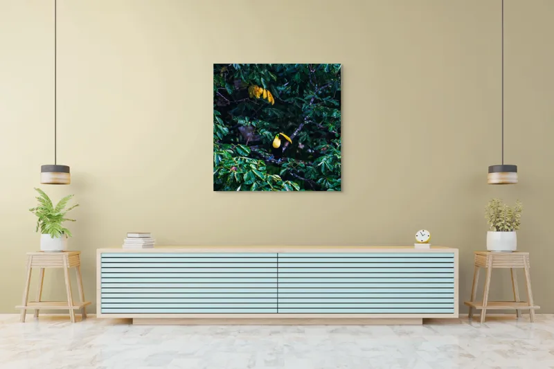 Tablou Canvas, "Tucan printre frunze de smarald", Verde, Frunziș, Tucan, Camuflaj, Natură, Exotic, Galben, Copac, Păsări, Frumusețe, 100 x 100 cm – poza 5