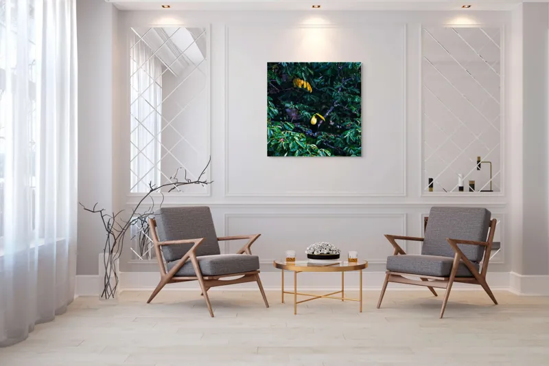 Tablou Canvas, "Tucan printre frunze de smarald", Verde, Frunziș, Tucan, Camuflaj, Natură, Exotic, Galben, Copac, Păsări, Frumusețe, 100 x 100 cm – poza 7