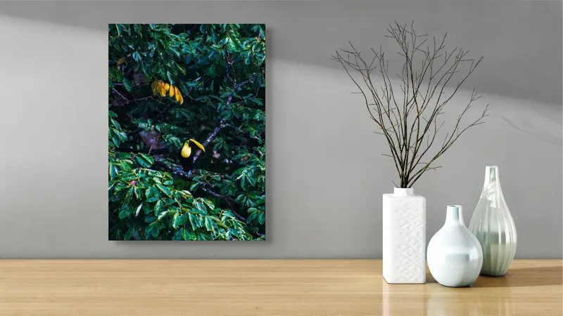 Tablou Canvas, "Tucan printre frunze de smarald", Verde, Frunziș, Tucan, Camuflaj, Natură, Exotic, Galben, Copac, Păsări, Frumusețe, 39 x 54 cm – poza 4
