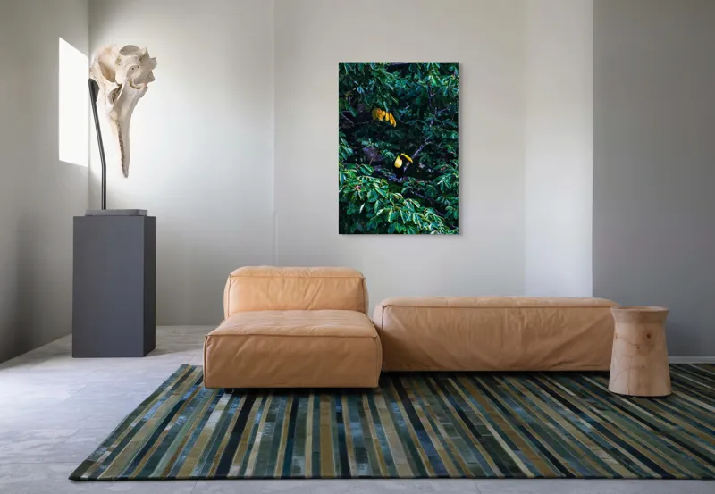 Tablou Canvas, "Tucan printre frunze de smarald", Verde, Frunziș, Tucan, Camuflaj, Natură, Exotic, Galben, Copac, Păsări, Frumusețe, 70 x 100 cm – poza 7