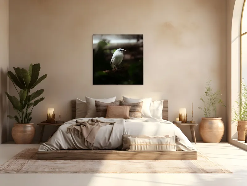 Tablou Canvas, "Pasăre albă în lumina pădurii", Pasăre, Ramură, Penaj, Alb, Ochi, Fundal, Verde, Natural., 100 x 100 cm – poza 4