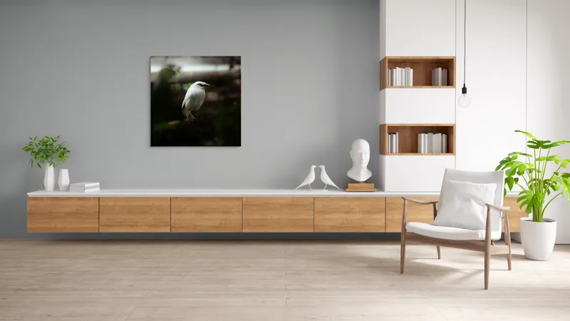 Tablou Canvas, "Pasăre albă în lumina pădurii", Pasăre, Ramură, Penaj, Alb, Ochi, Fundal, Verde, Natural., 100 x 100 cm – poza 8