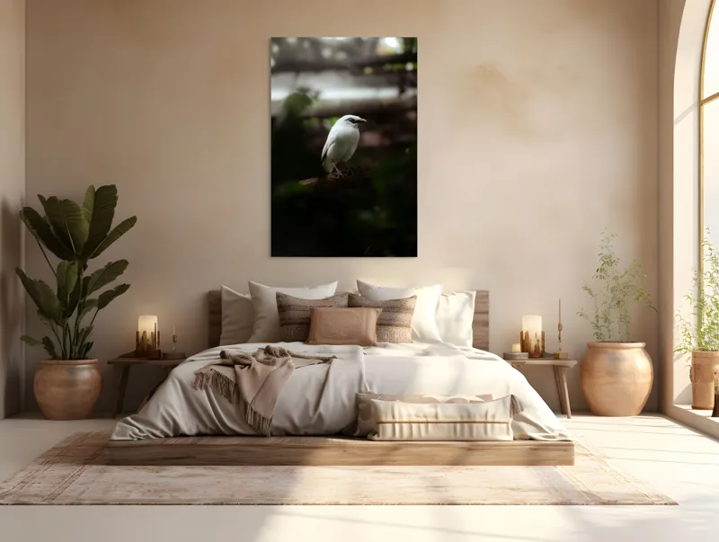 Tablou Canvas, "Pasăre albă în lumina pădurii", Pasăre, Ramură, Penaj, Alb, Ochi, Fundal, Verde, Natural., 100 x 150 cm – poza 3
