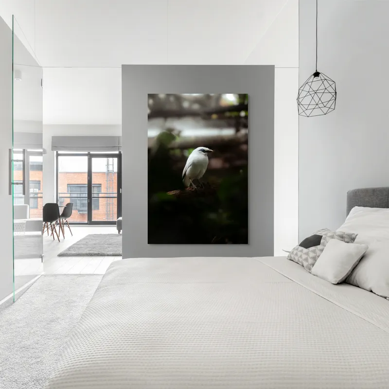 Tablou Canvas, "Pasăre albă în lumina pădurii", Pasăre, Ramură, Penaj, Alb, Ochi, Fundal, Verde, Natural., 100 x 150 cm – poza 5