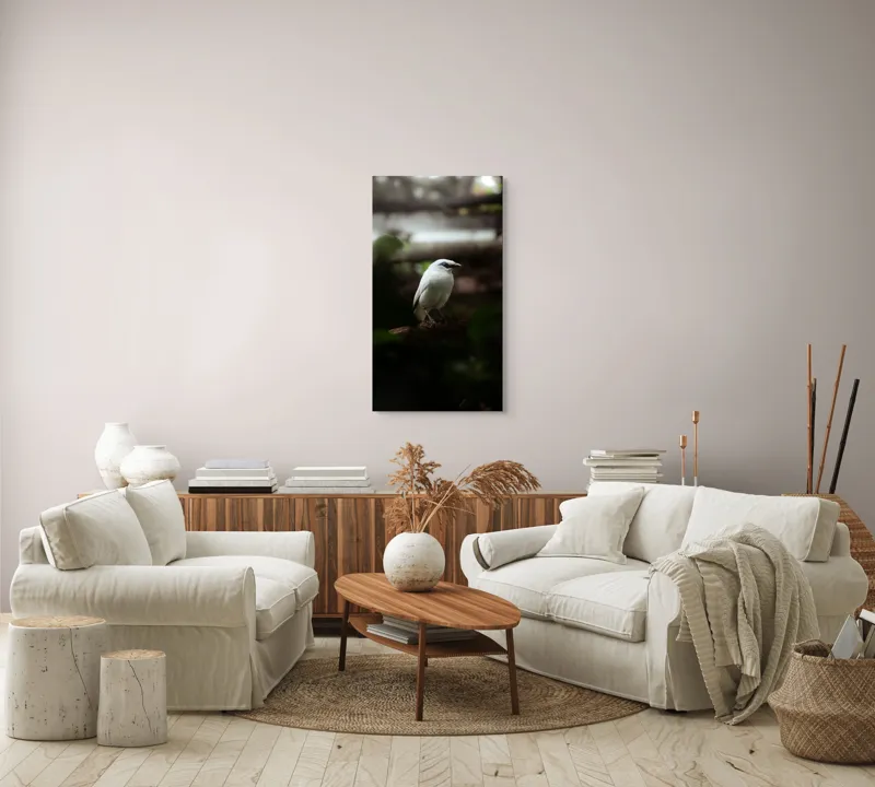 Tablou Canvas, "Pasăre albă în lumina pădurii", Pasăre, Ramură, Penaj, Alb, Ochi, Fundal, Verde, Natural., 50 x 90 cm – poza 7