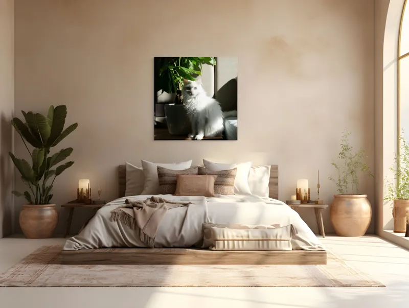 Tablou Canvas, "Pisica albă lângă planta verde", Pisică, Blană, Albă, Ghiveci, Plante, Lumină, Umbră, Mobilier, Perete, 100 x 100 cm – poza 4