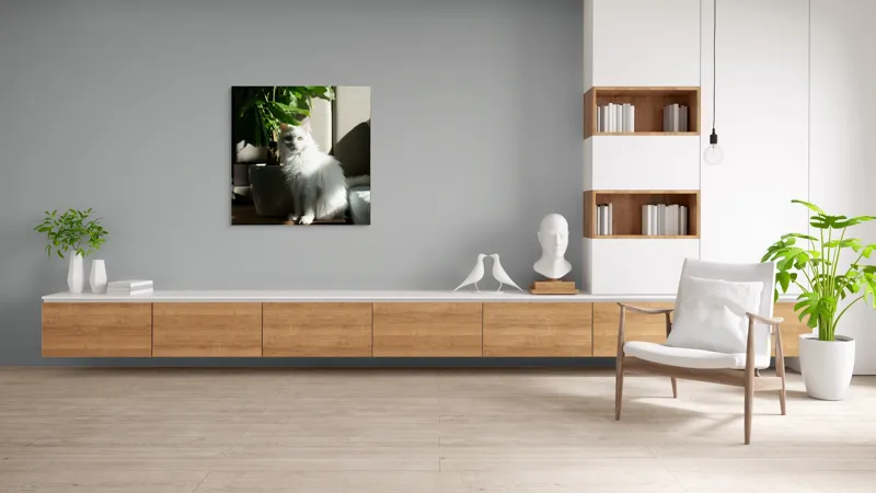 Tablou Canvas, "Pisica albă lângă planta verde", Pisică, Blană, Albă, Ghiveci, Plante, Lumină, Umbră, Mobilier, Perete, 100 x 100 cm – poza 8