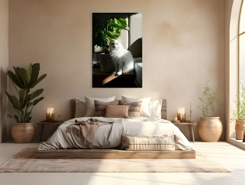 Tablou Canvas, "Pisica albă lângă planta verde", Pisică, Blană, Albă, Ghiveci, Plante, Lumină, Umbră, Mobilier, Perete, 100 x 150 cm – poza 3