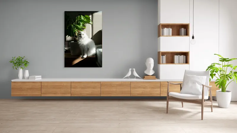 Tablou Canvas, "Pisica albă lângă planta verde", Pisică, Blană, Albă, Ghiveci, Plante, Lumină, Umbră, Mobilier, Perete, 100 x 150 cm – poza 8