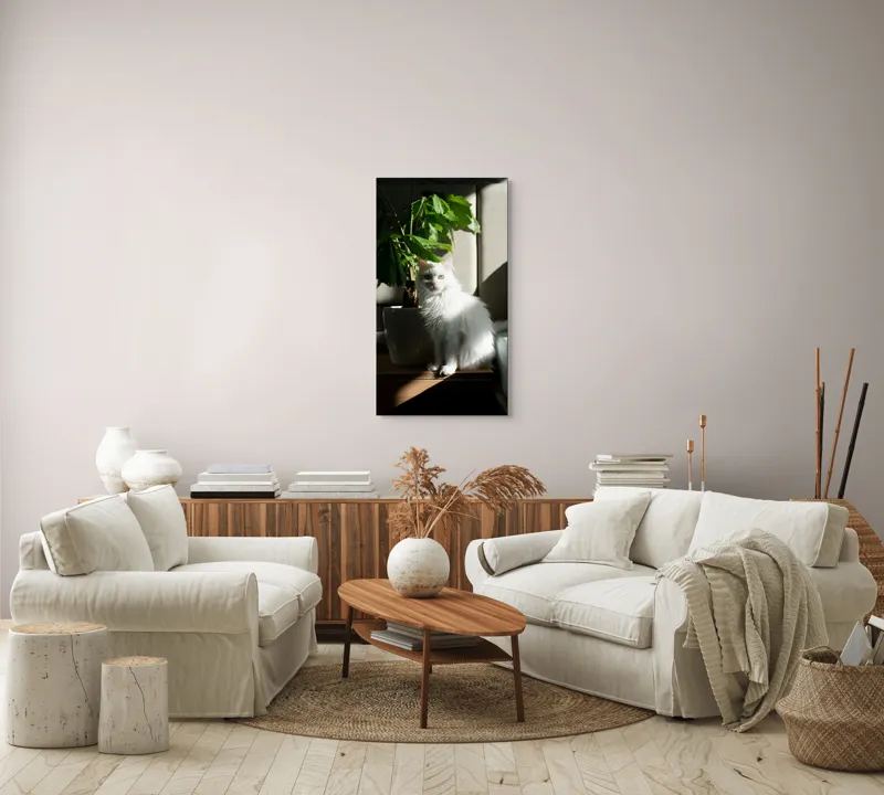 Tablou Canvas, "Pisica albă lângă planta verde", Pisică, Blană, Albă, Ghiveci, Plante, Lumină, Umbră, Mobilier, Perete, 50 x 90 cm – poza 7