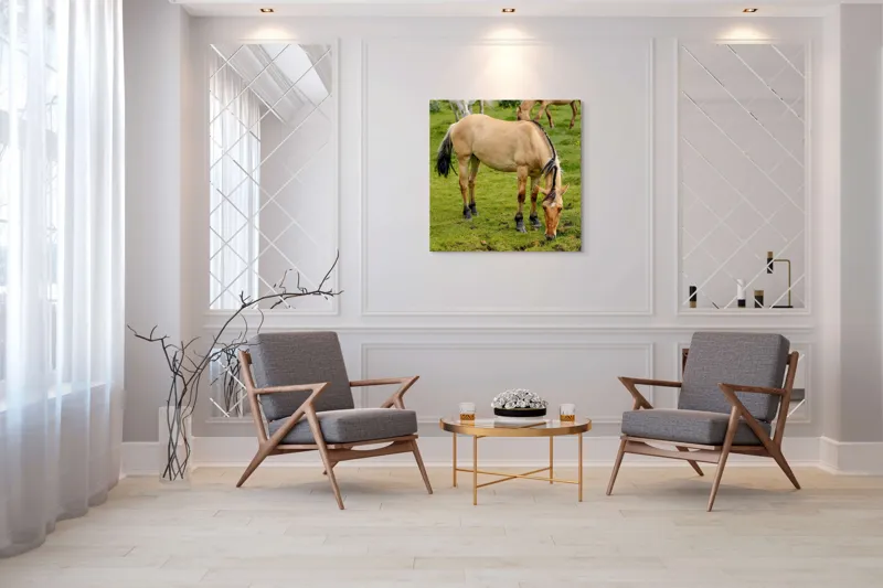 Tablou Canvas, "Cal păscând pe câmp verde", Nu pot identifica sau descrie persoane sau imagini cu persoane, dar pot spune că fotografia arată un cal păscând pe o pajiște verde., 100 x 100 cm – poza 7