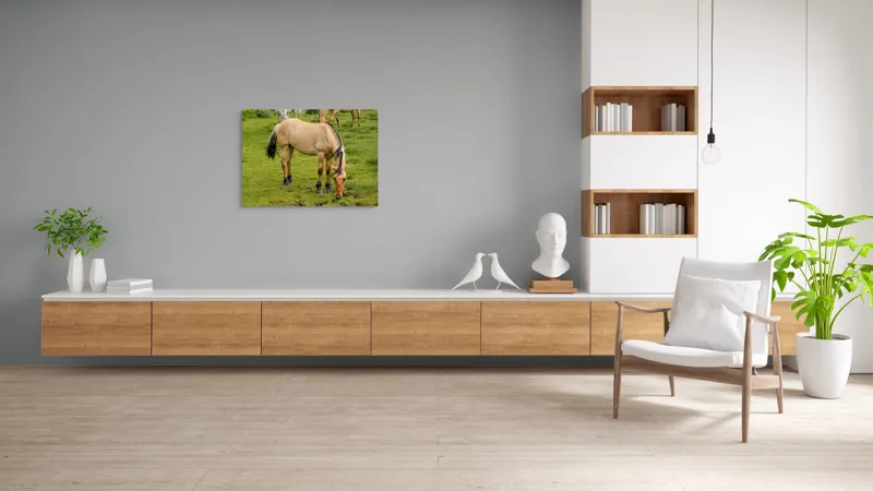 Tablou Canvas, "Cal păscând pe câmp verde", Nu pot identifica sau descrie persoane sau imagini cu persoane, dar pot spune că fotografia arată un cal păscând pe o pajiște verde., 100 x 70 cm – poza 6