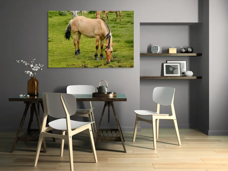 Tablou Canvas, "Cal păscând pe câmp verde", Nu pot identifica sau descrie persoane sau imagini cu persoane, dar pot spune că fotografia arată un cal păscând pe o pajiște verde., 150 x 100 cm – poza 5