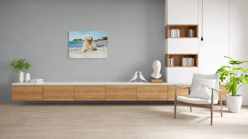 Tablou Canvas, "Câine fericit pe plaja însorită", Loial, Blănos, Relaxat, Plajă, Câine, Curat, Liniște, Peisaj, Vară, Albastru, 100 x 70 cm – poza 6