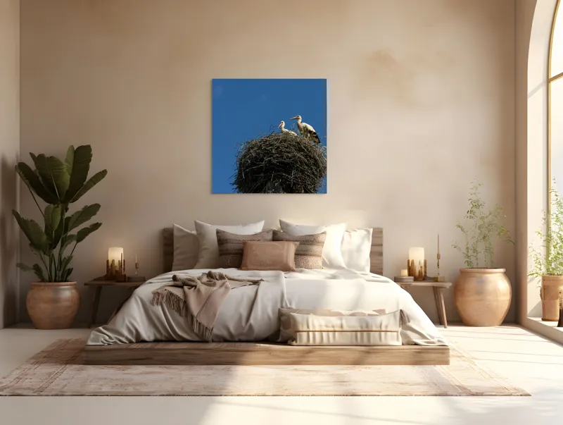 Tablou Canvas, "Cuib de berze sub cer senin", Cuib, Barza, Cer, Albastru, Pasari, Ramuri, Soare, Natura, Libertate, Liniste, 100 x 100 cm – poza 4