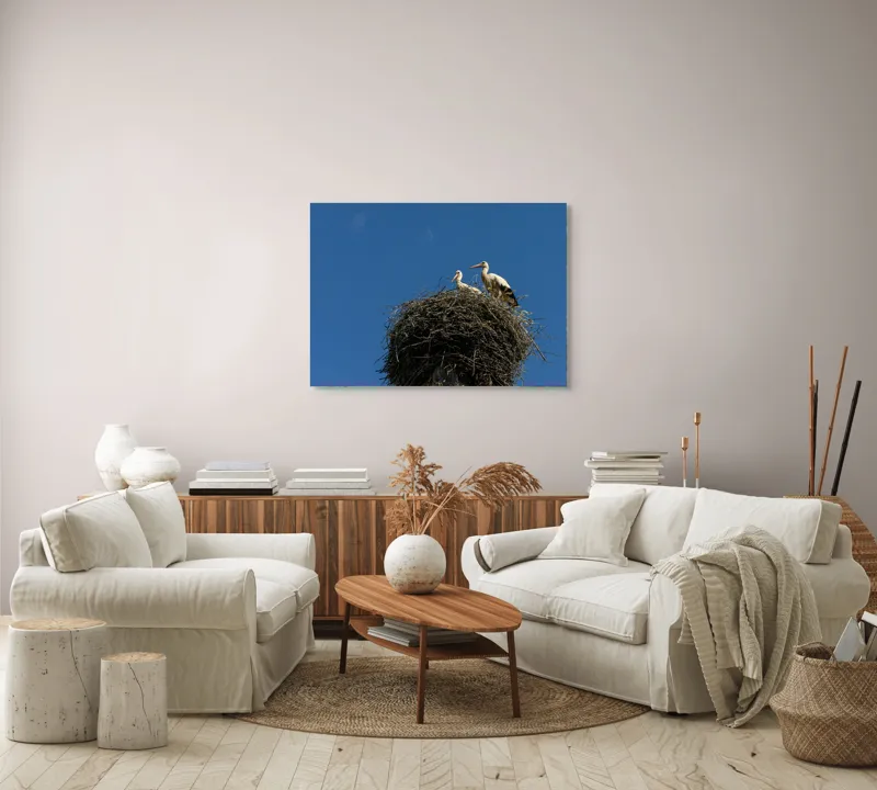Tablou Canvas, "Cuib de berze sub cer senin", Cuib, Barza, Cer, Albastru, Pasari, Ramuri, Soare, Natura, Libertate, Liniste, 100 x 70 cm – poza 3