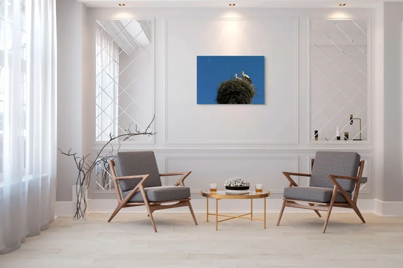 Tablou Canvas, "Cuib de berze sub cer senin", Cuib, Barza, Cer, Albastru, Pasari, Ramuri, Soare, Natura, Libertate, Liniste, 100 x 70 cm – poza 5