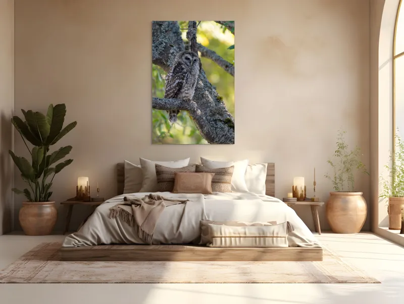 Tablou Canvas, "Bufnița tăcută pe ramură veche", Bufniță, Creangă, Lumină, Pene, Camuflaj, Natură, Ochi, Blând., 100 x 150 cm – poza 3