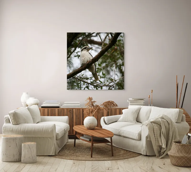 Tablou Canvas, "Pasărea râzătoare pe creanga pădurii", Pasăre, Crengi, Frunziș, Cer, Pene, Natură, Observație, Tranquilitate, Habitat, Copaci, 100 x 100 cm – poza 3