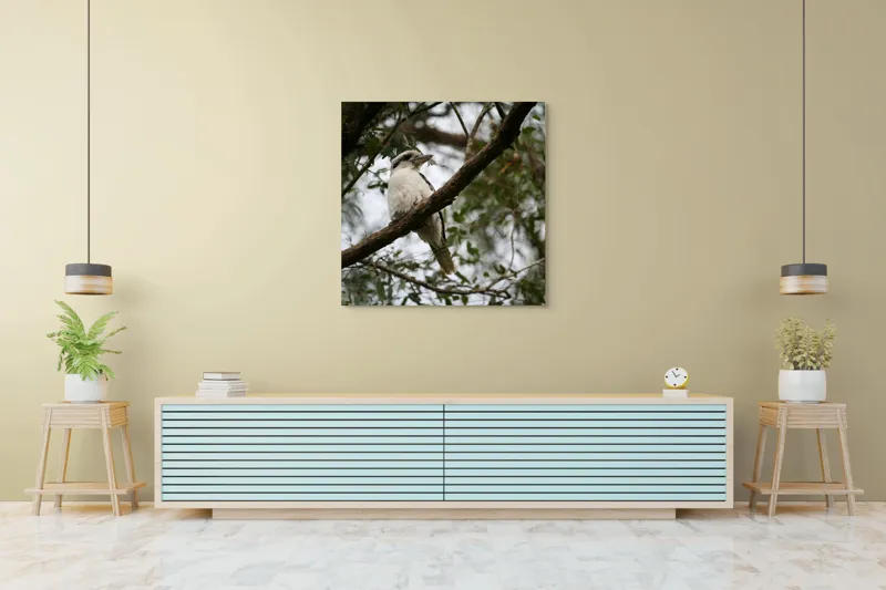 Tablou Canvas, "Pasărea râzătoare pe creanga pădurii", Pasăre, Crengi, Frunziș, Cer, Pene, Natură, Observație, Tranquilitate, Habitat, Copaci, 100 x 100 cm – poza 5