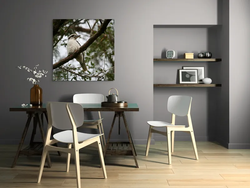 Tablou Canvas, "Pasărea râzătoare pe creanga pădurii", Pasăre, Crengi, Frunziș, Cer, Pene, Natură, Observație, Tranquilitate, Habitat, Copaci, 100 x 100 cm – poza 6