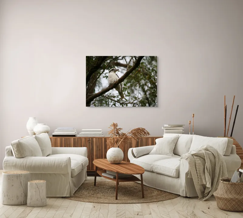 Tablou Canvas, "Pasărea râzătoare pe creanga pădurii", Pasăre, Crengi, Frunziș, Cer, Pene, Natură, Observație, Tranquilitate, Habitat, Copaci, 100 x 70 cm – poza 3