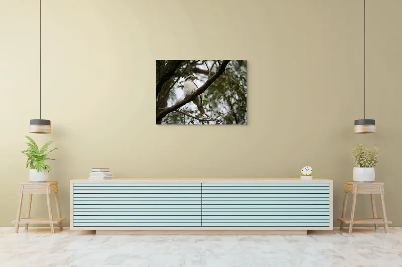Tablou Canvas, "Pasărea râzătoare pe creanga pădurii", Pasăre, Crengi, Frunziș, Cer, Pene, Natură, Observație, Tranquilitate, Habitat, Copaci, 100 x 70 cm – poza 4