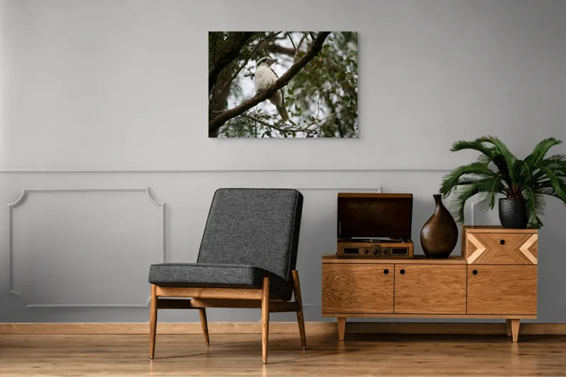 Tablou Canvas, "Pasărea râzătoare pe creanga pădurii", Pasăre, Crengi, Frunziș, Cer, Pene, Natură, Observație, Tranquilitate, Habitat, Copaci, 100 x 70 cm – poza 8