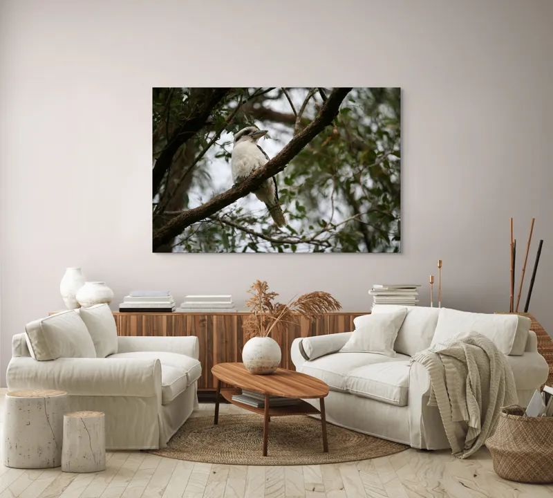 Tablou Canvas, "Pasărea râzătoare pe creanga pădurii", Pasăre, Crengi, Frunziș, Cer, Pene, Natură, Observație, Tranquilitate, Habitat, Copaci, 150 x 100 cm – poza 3
